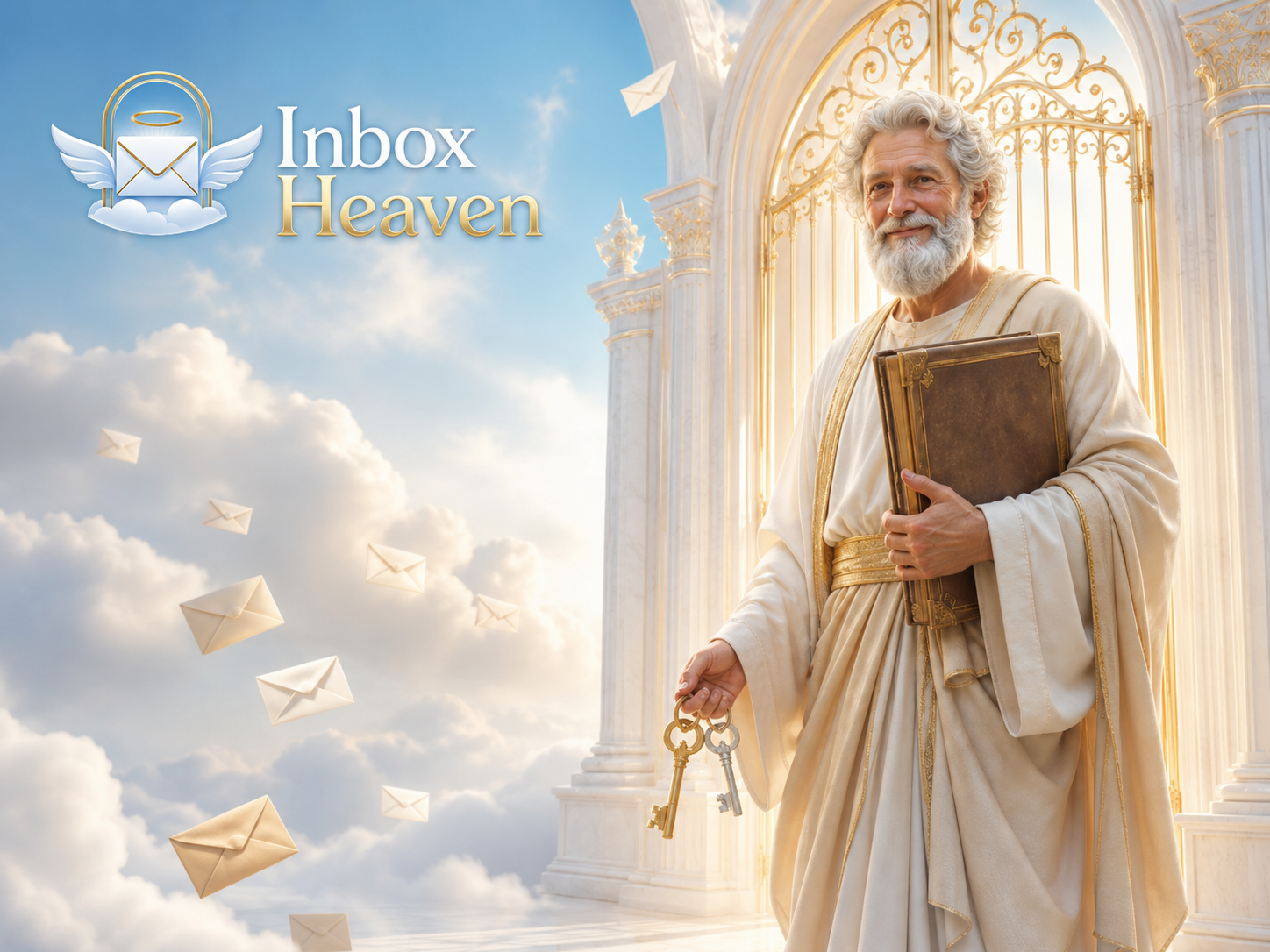 St. Peter at the pearly gates holding a tome and gold and silver keys, with envelopes floating among the clouds and the Inbox Heaven logo in the upper left